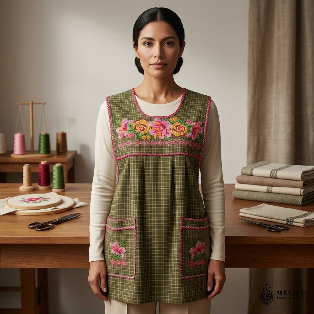 Traditional Mexican Cross-Stitch Embroidered Apron – Deluxe Artisan Smock Style